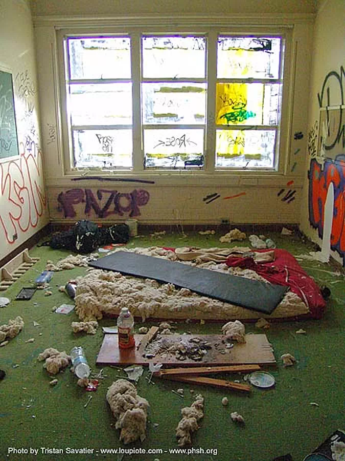 homeless room - abandoned hospital (presidio, san francisco) - phsh, abandoned building, decay, graffiti, presidio hospital, presidio landmark apartments, trespassing, urban exploration, stock photo