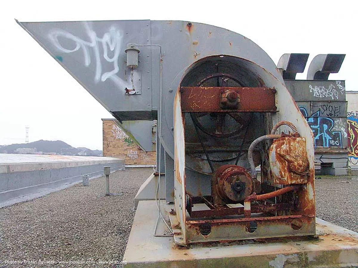 roof-air-intake - roof - abandoned hospital (presidio, san francisco) - phsh, abandoned building, decay, graffiti, presidio hospital, presidio landmark apartments, trespassing, urban exploration, stock photo