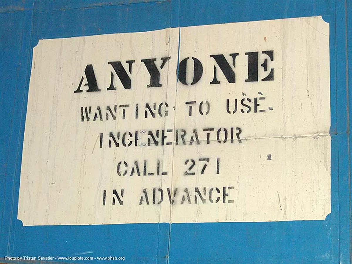 incinerator - abandoned hospital (presidio, san francisco) - phsh, abandoned building, decay, graffiti, presidio hospital, presidio landmark apartments, sign, stencil, trespassing, urban exploration, stock photo