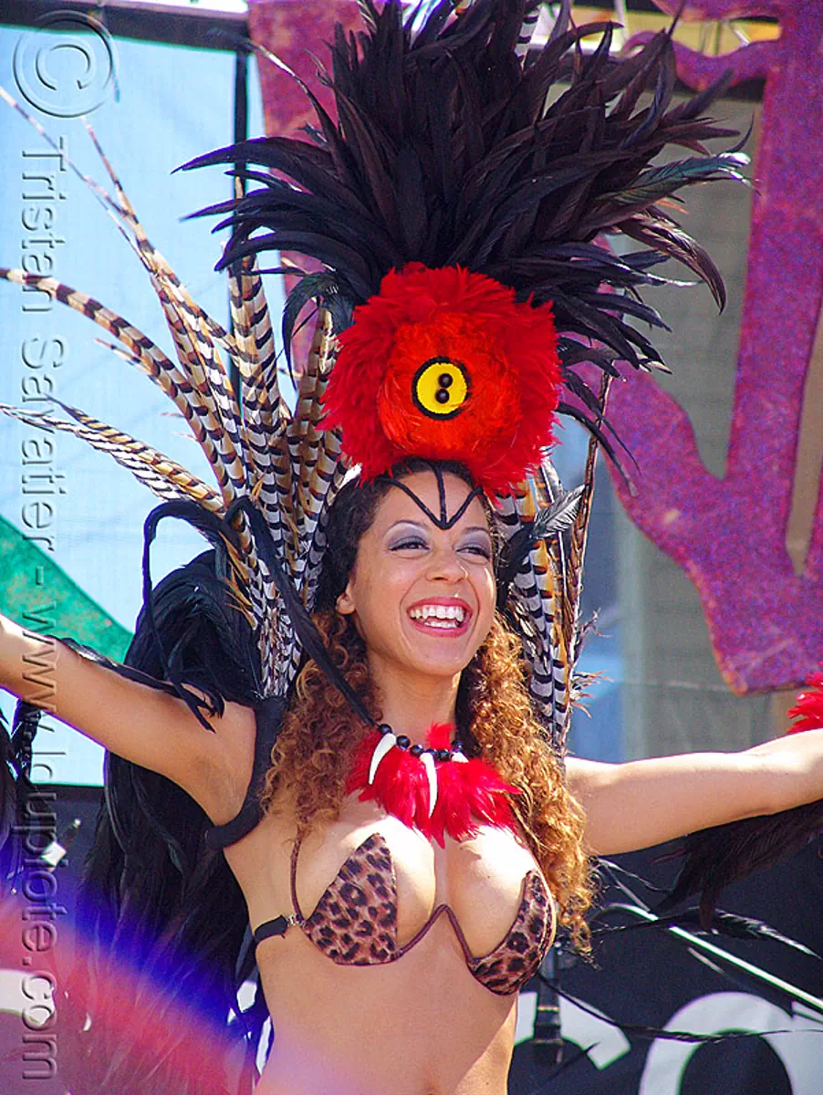 brazil carnival costume - feathers - girl - micaela, brazilian, carnaval, samba, san francisco carnival, stock photo