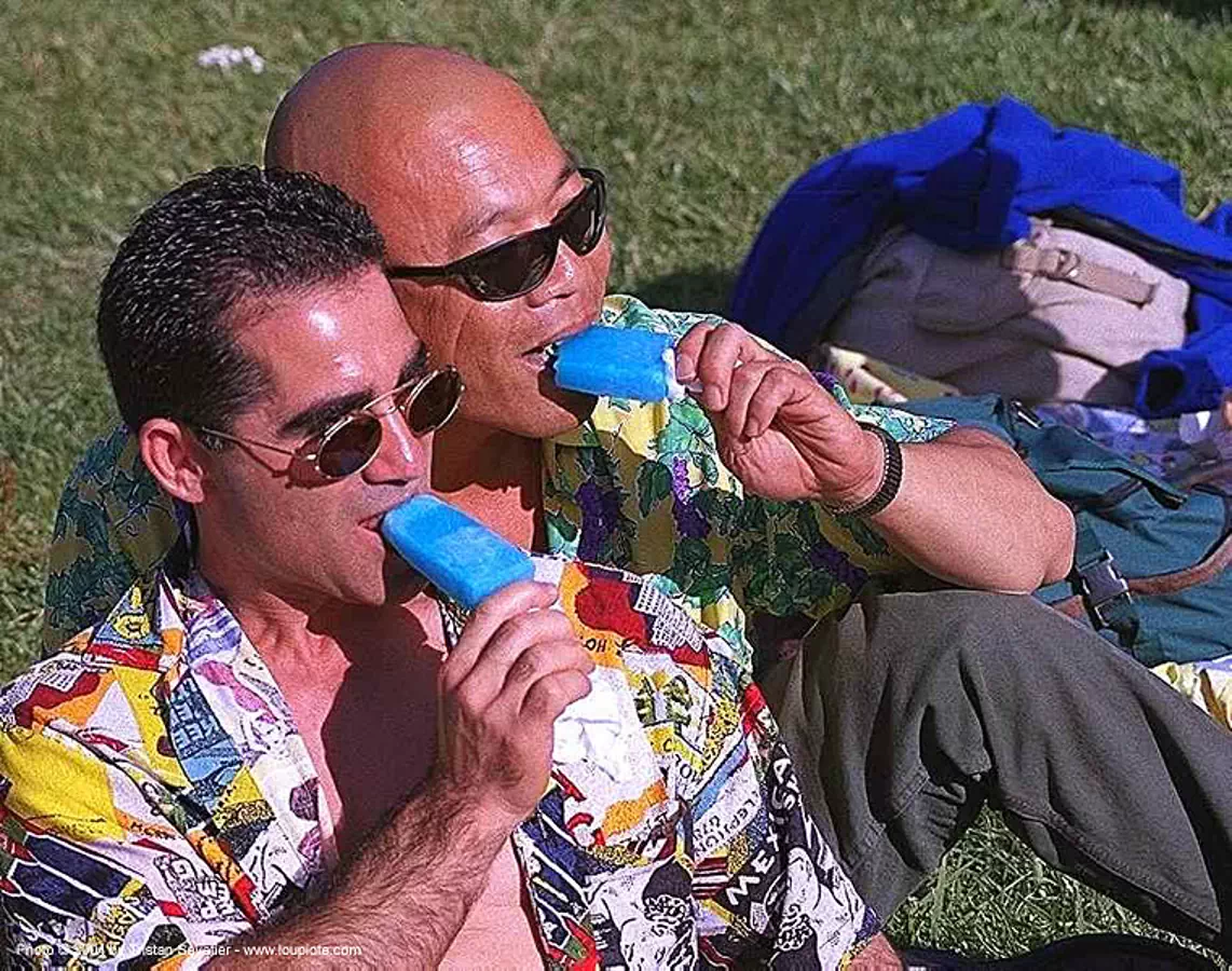 blue popsicles, couple, gay men, gay pride festival, ice lolly, sf gay pride, sunglasses, stock photo