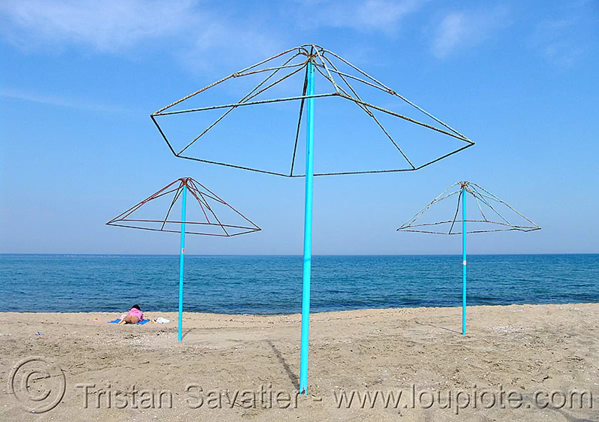 black sea beach - umbrellas, beach sand, beach umbrellas, blue, bulgaria, empty, horizon, seashore, shore, three, българия, stock photo
