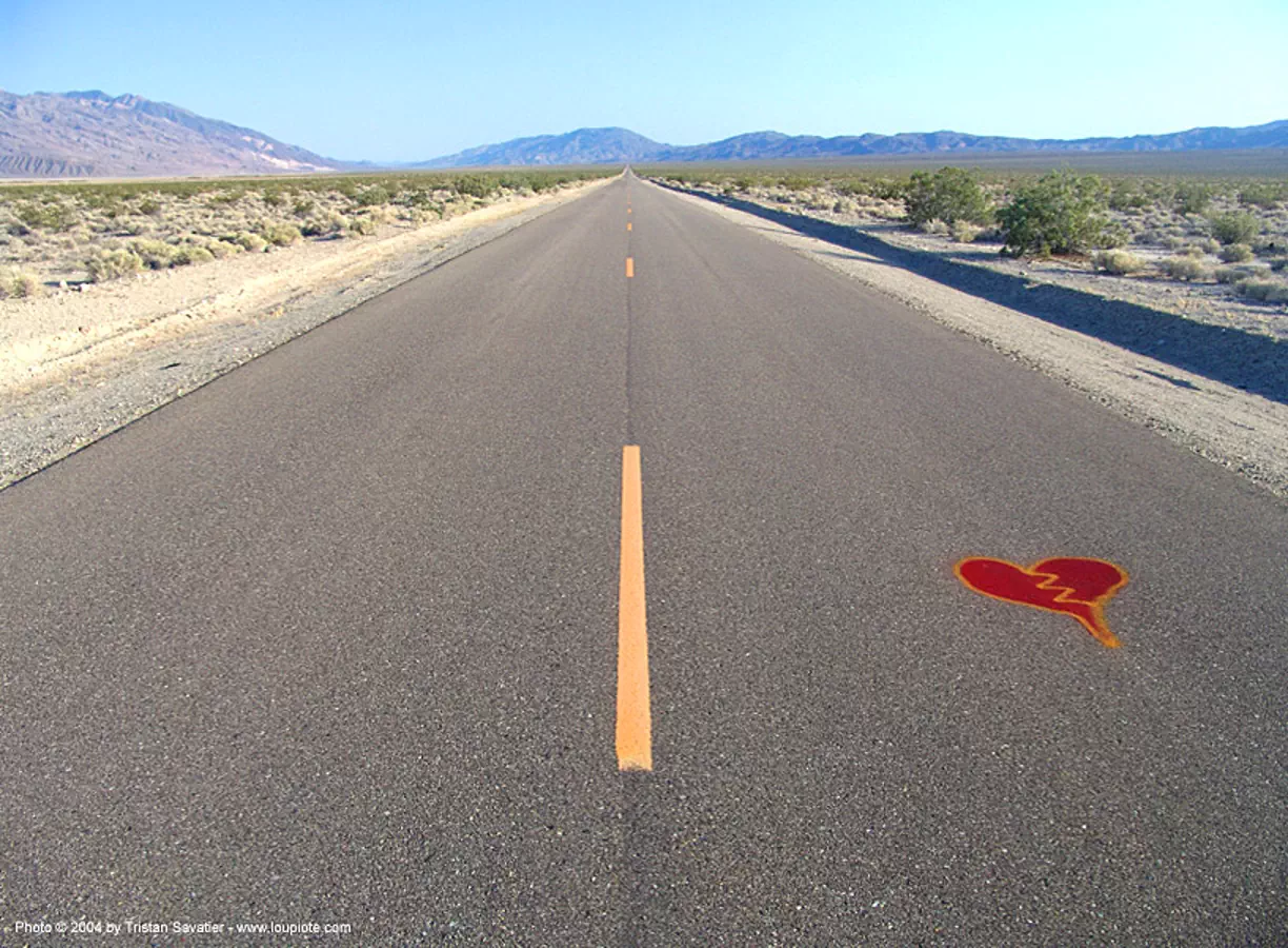 desert road, broken heart, death valley, graffiti heart, lonely, love, panamint spring, perspective, red, street art, trona road, vanishing point