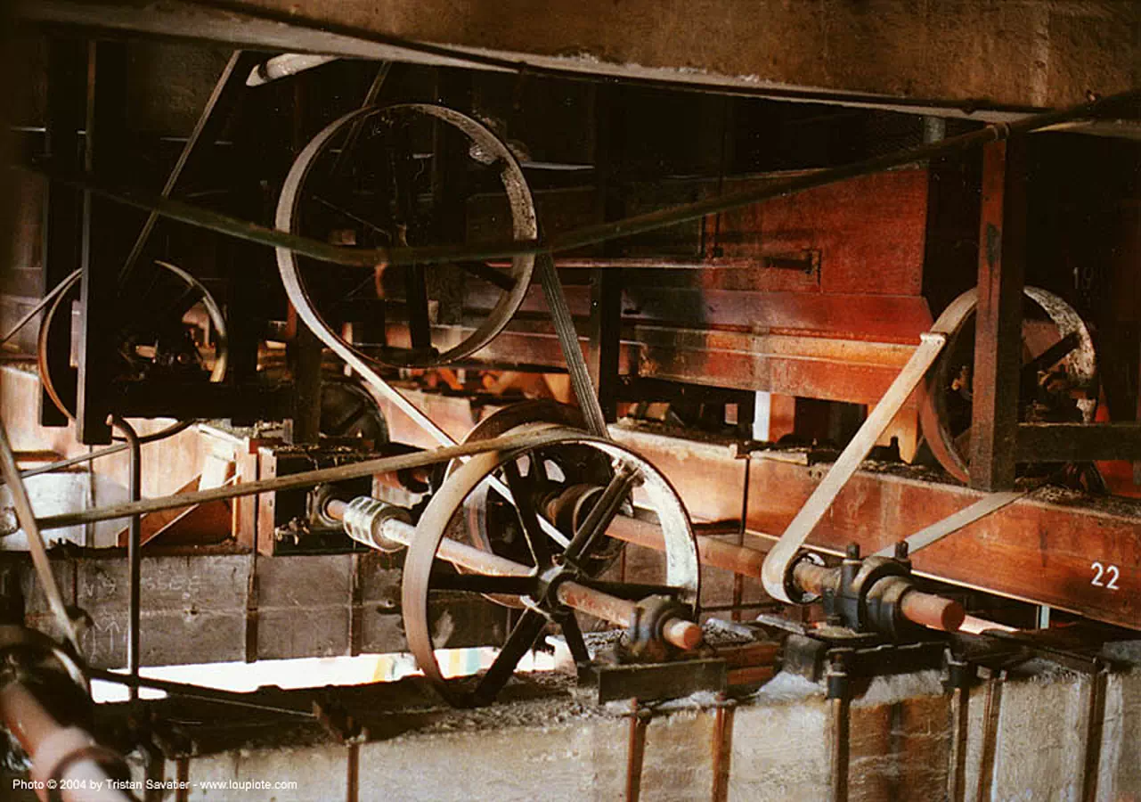 line shaft - belts and pulleys - grands moulins de paris - poulies-et-courroies, abandoned, decay, industrial mill, straps, trespassing, urban exploration, stock photo