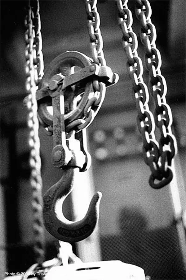 chain pulley - grands moulins de paris - palan, abandoned, decay, hook, industrial mill, trespassing, urban exploration, stock photo