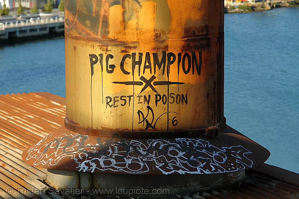 PIG CHAMPION - rest in poson, abandoned factory, derelict, graffiti, industrial, roof, rusted, rusty, smokestack, tags, tie's warehouse, trespassing, stock photo