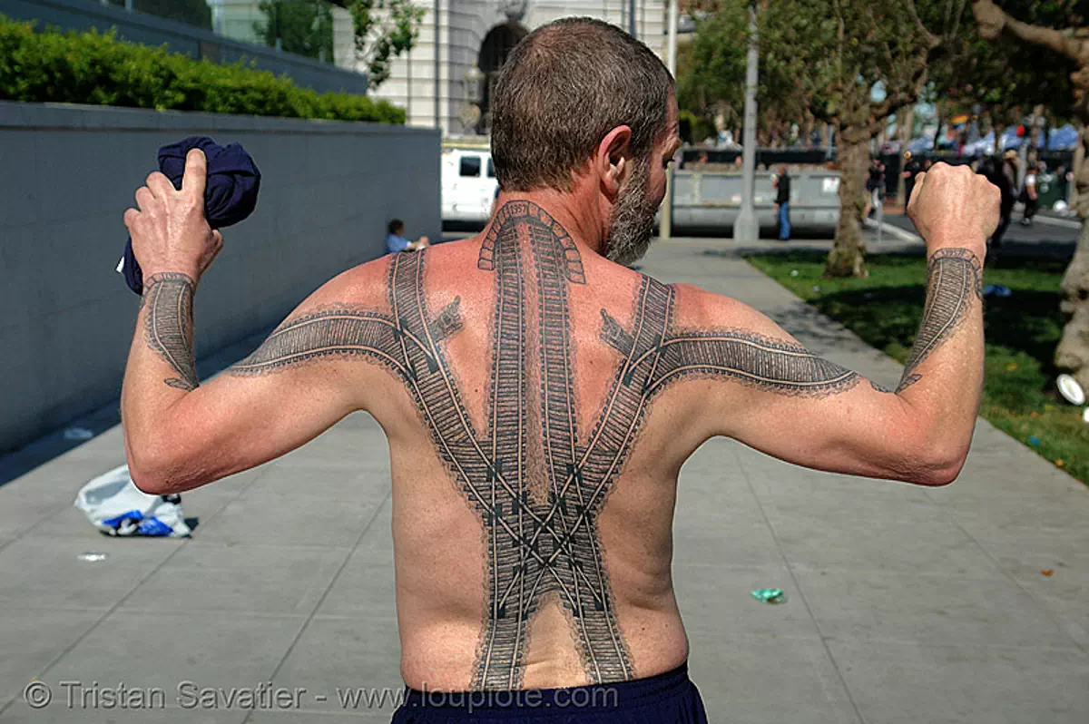 railroad tattoo - backpiece, arms, back tattoo, darryl, freight hopping, full body tattoos, rail tracks, railroad switch, railroad tracks, rails, railway, skin, tattooed, train tracks, train tunnel, stock photo