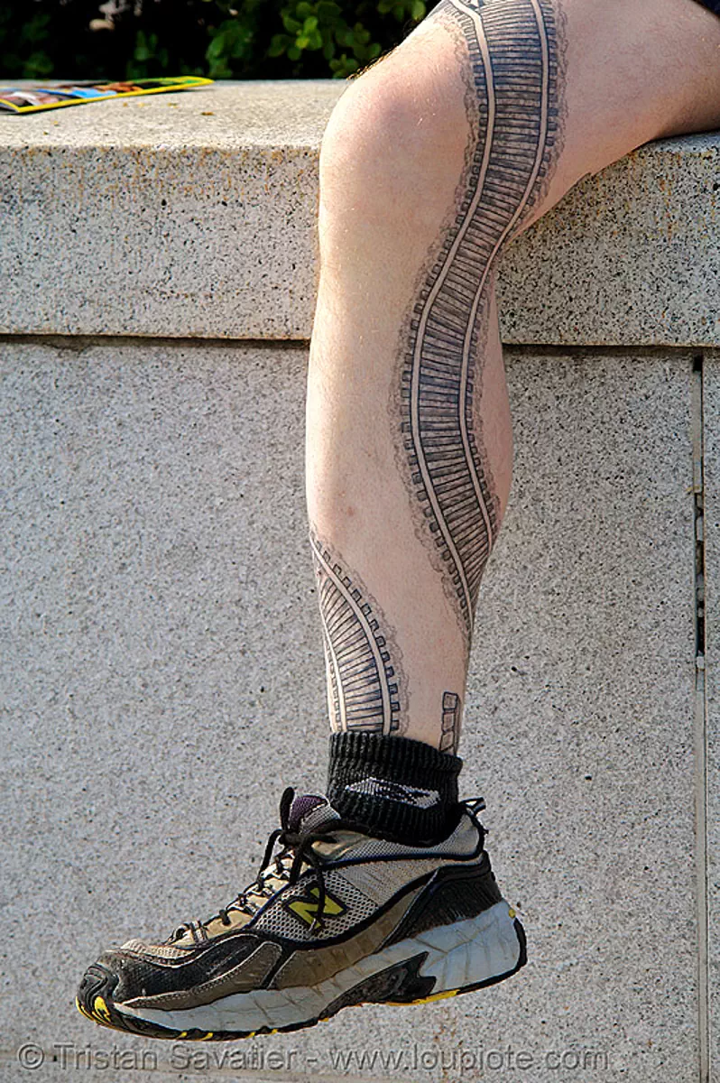 railroad tattoo, leg