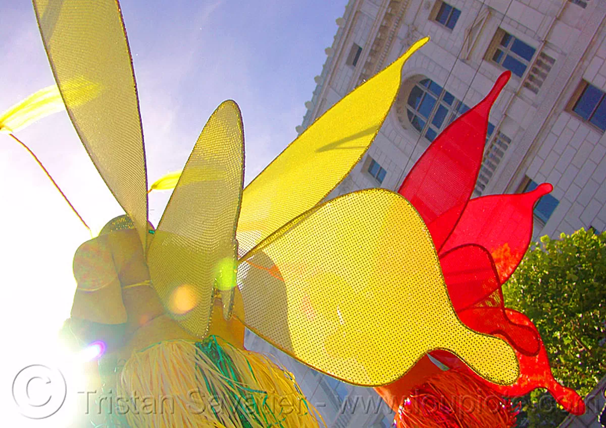 butterfly costumes, backlight, butterflies, gay pride festival, gay pride parade, red, sf gay pride, yellow, stock photo