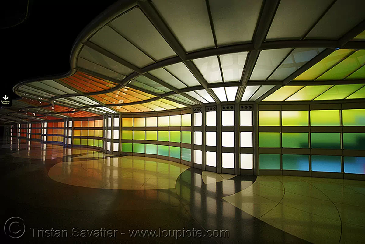 chicago O'hare international airport - pedestrian tunnel, light wall, o'hare, ord, stock photo