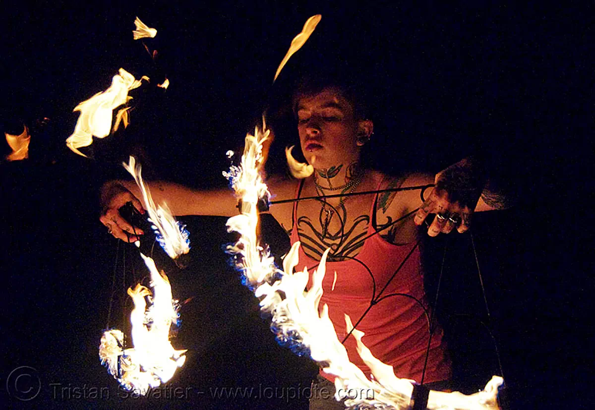 fire fans (san francisco) - fire dancer - leah, fire dancing, fire performer, fire spinning, flame, night, spinning fire, tattooed, tattoos, stock photo