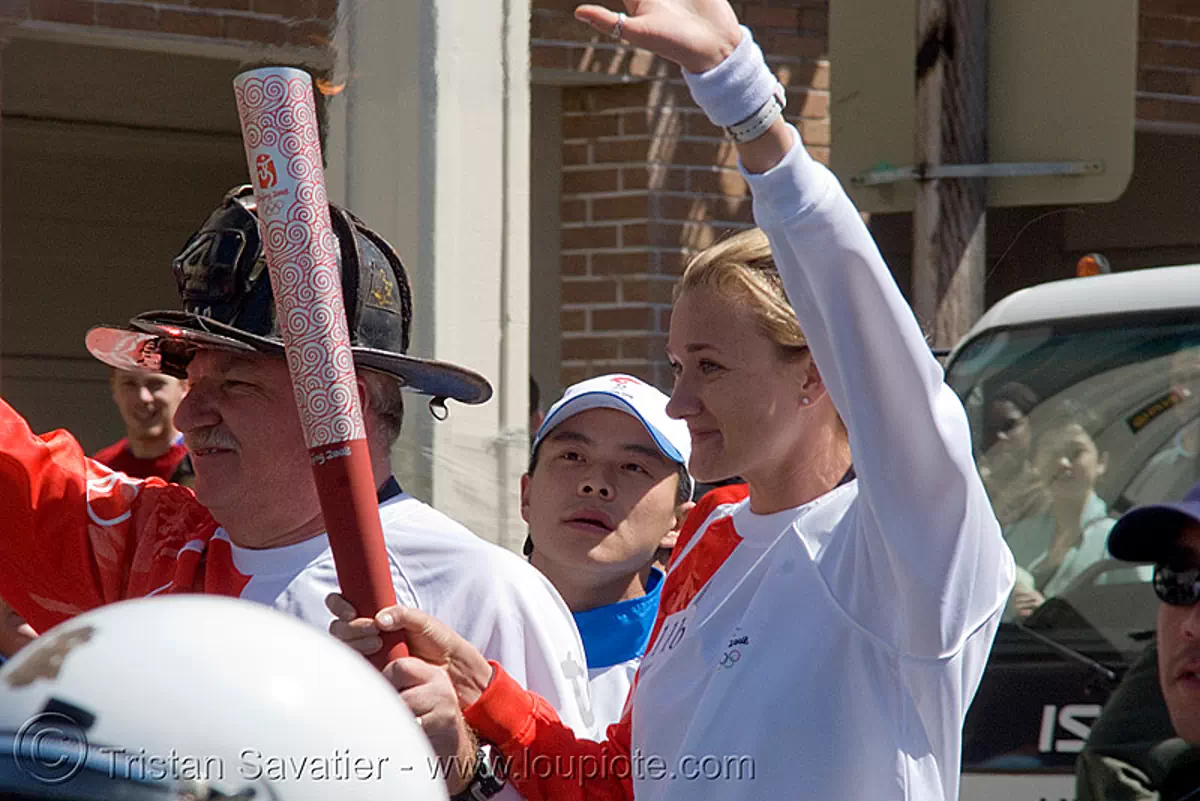olympic torch relay / run (san francisco), chinese, flame, olympic athletes, olympics, runners, torch bearer, stock photo
