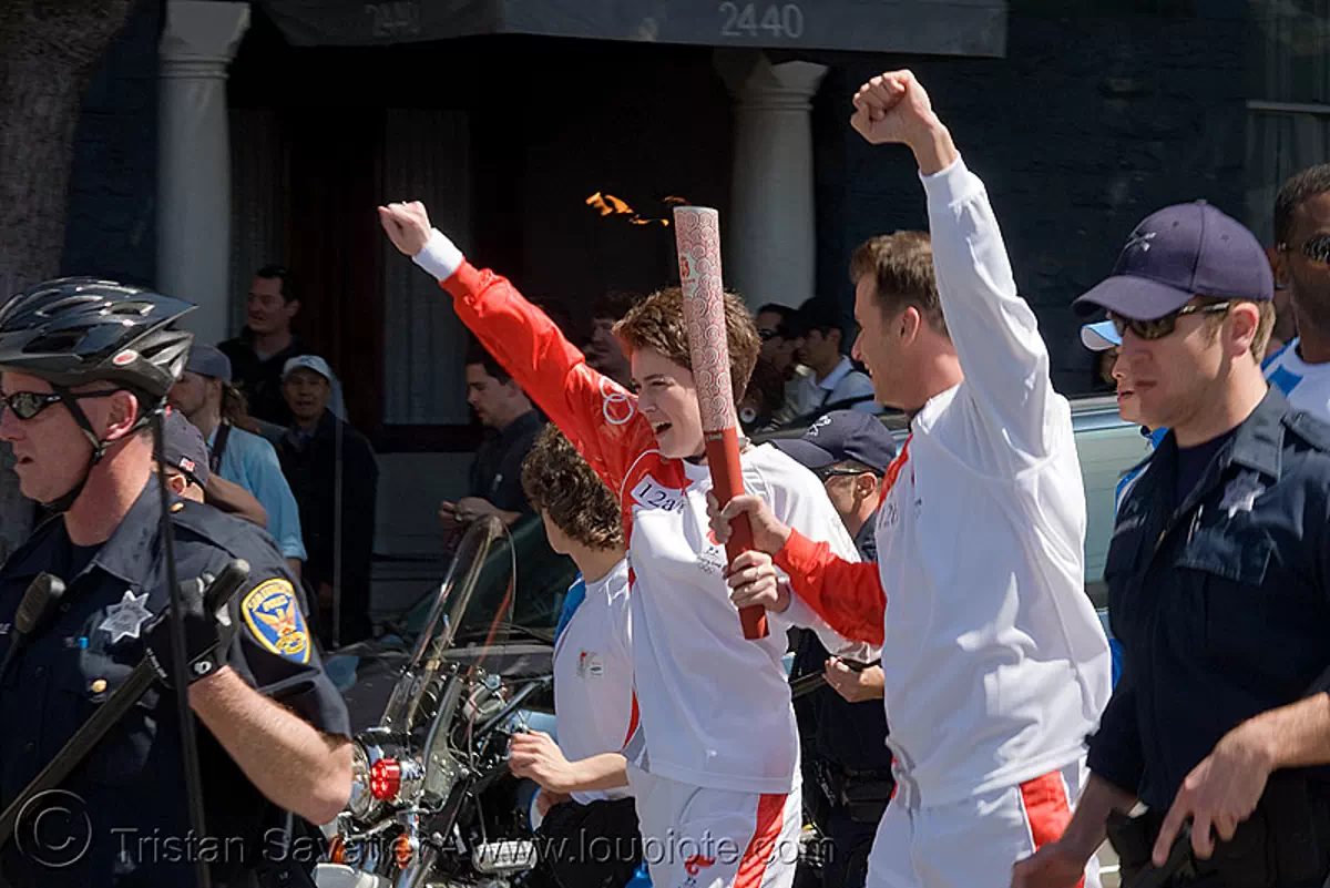 olympic torch relay / run (san francisco), cops, flame, olympic athletes, olympics, police officers, runners, san francisco police department, sfpd, torch bearer