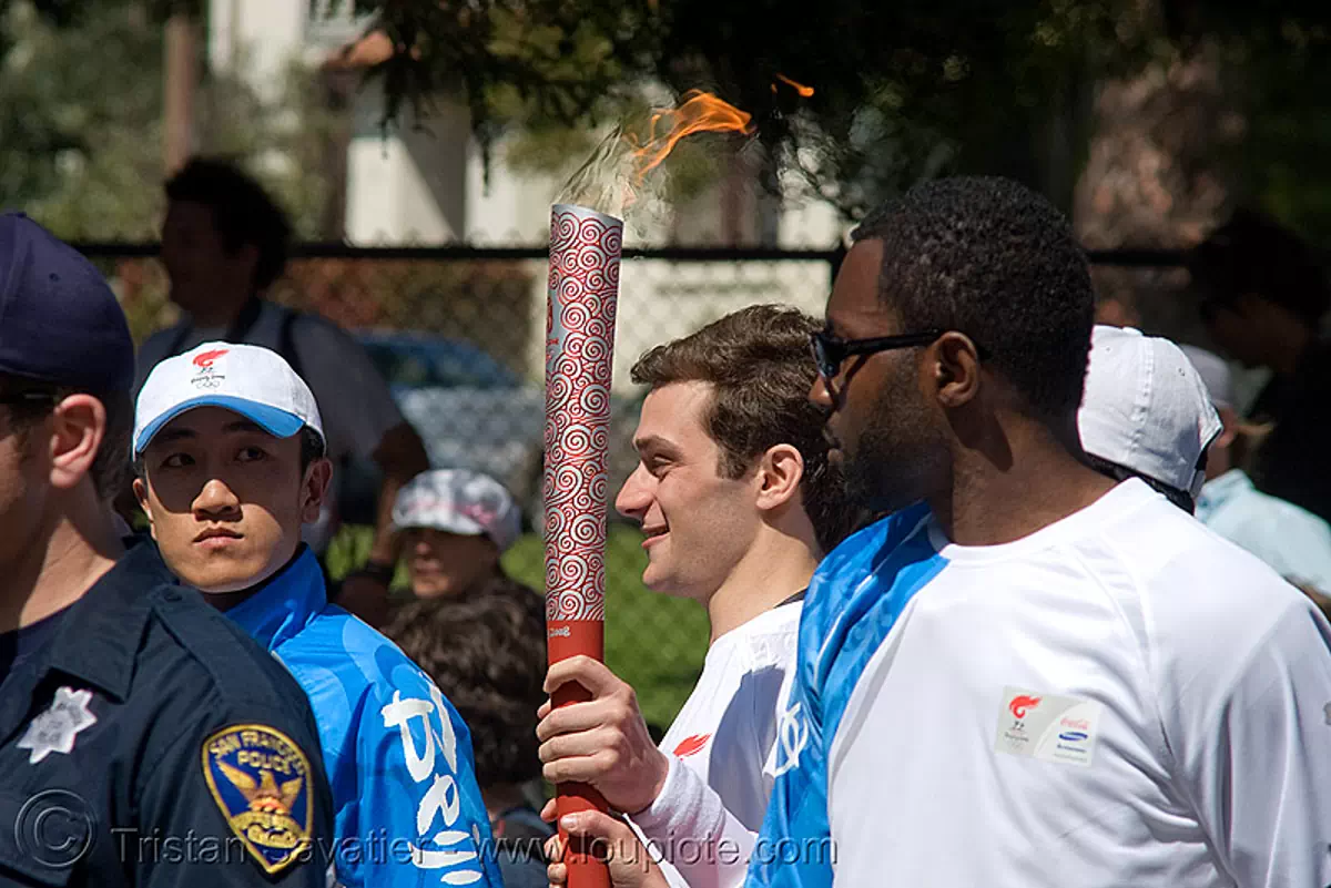 olympic torch relay / run (san francisco), chinese, cops, flame, olympic athletes, olympics, police officers, runners, san francisco police department, sfpd, torch bearer, stock photo