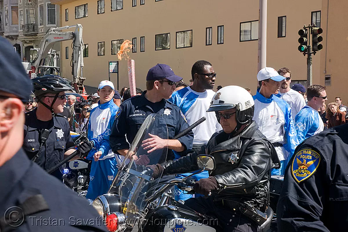 olympic torch relay / run (san francisco), chinese, cops, flame, harley davidson, motorbike, motorcycle, olympics, police officers, san francisco police department, sfpd, street, stock photo