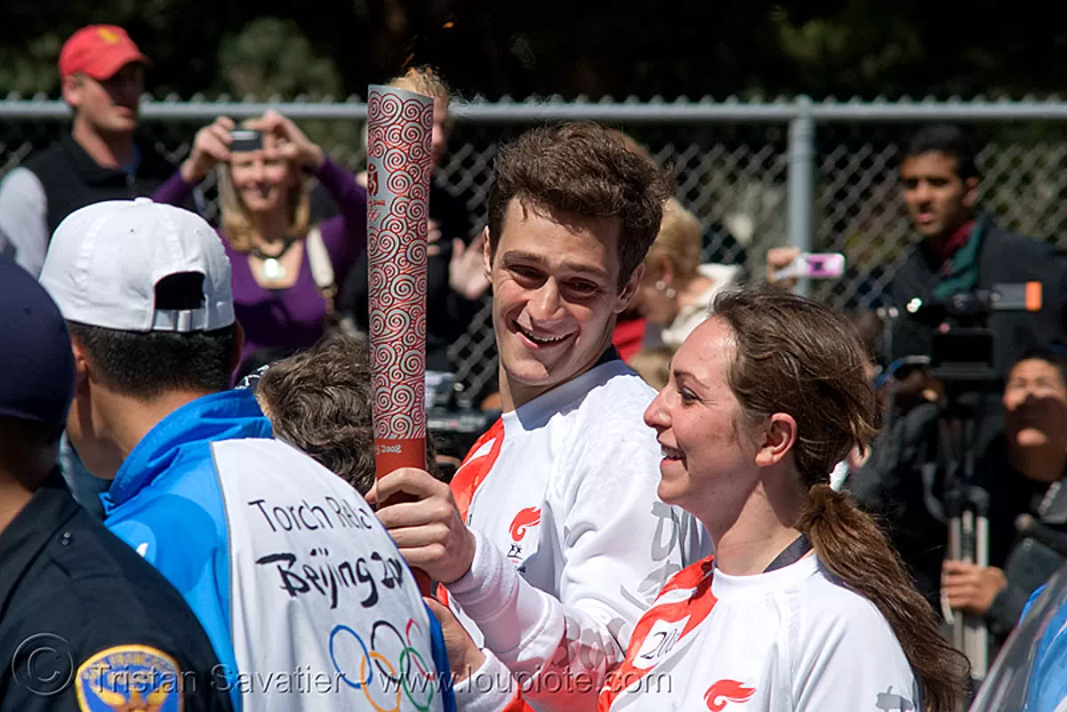 olympic torch relay / run (san francisco), flame, olympic athletes, olympics, runners, torch bearer, stock photo