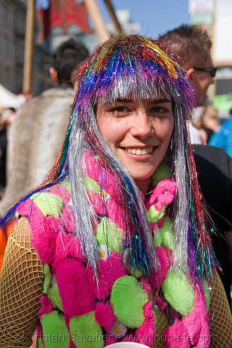 russian girl with rainbow wig (san francisco), fur balls, fuzzy balls, how weird festival, neon color, rainbow colors, stock photo