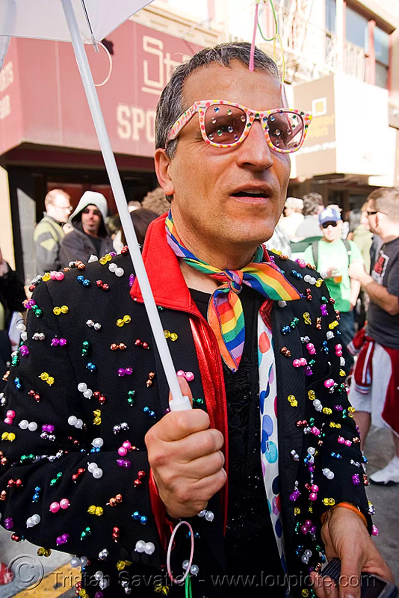 bruce beaudette - how weird street faire (san francisco), beaded coat, beads, bindis, eyeglasses, eyewear, glasses, how weird festival, man, rainbow colors, rhinestones, sunglasses, stock photo