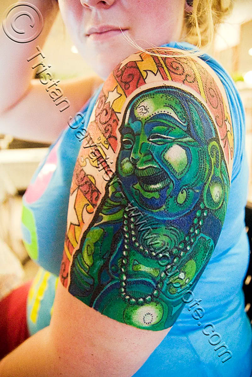 laughing buddha tattoo - รอยสัก, arm tattoo, bangkok, fat buddha, green budai, hotei, jen, tattooed, บางกอก, ประเทศไทย, รอยสัก, สังกัจจายน์, 布袋, 笑佛, stock photo