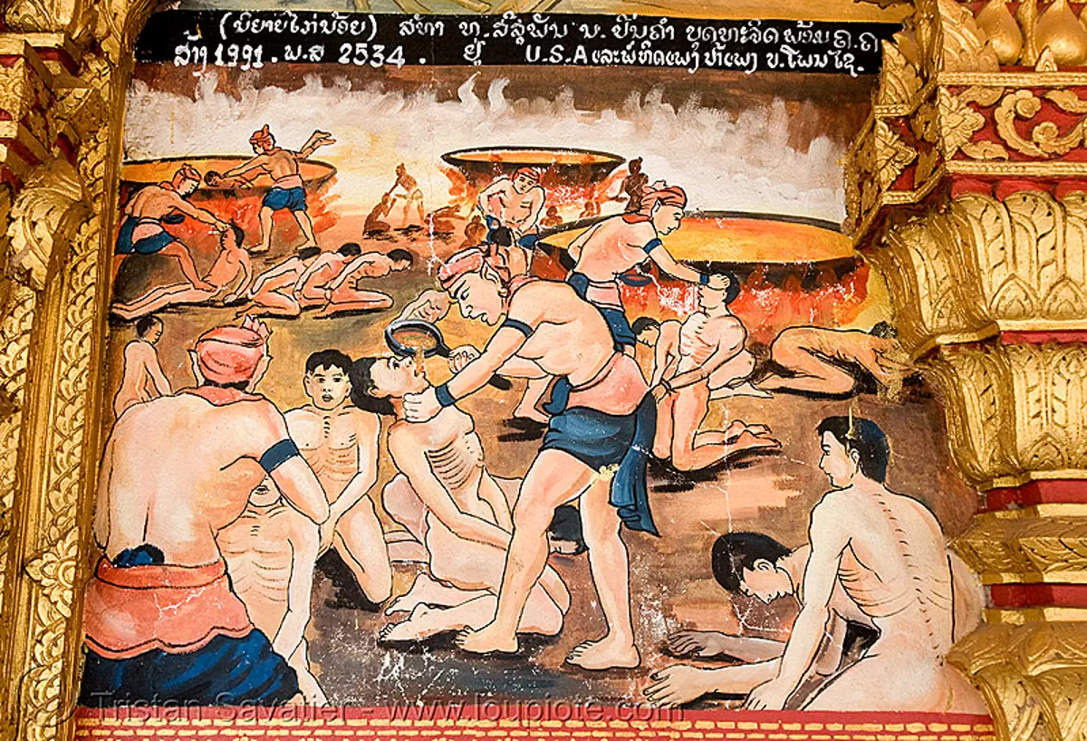 torture scene on temple - luang prabang (laos), biblical, buddhism, buddhist temple, cooked alive, image, painting, stock photo
