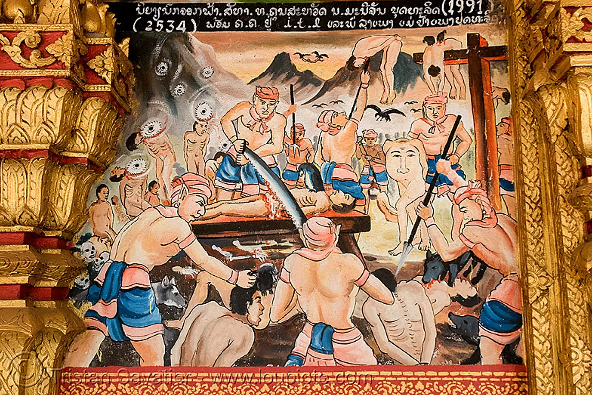 biblical torture scene on temple - luang prabang (laos), buddhism, buddhist temple, image, painting, stock photo