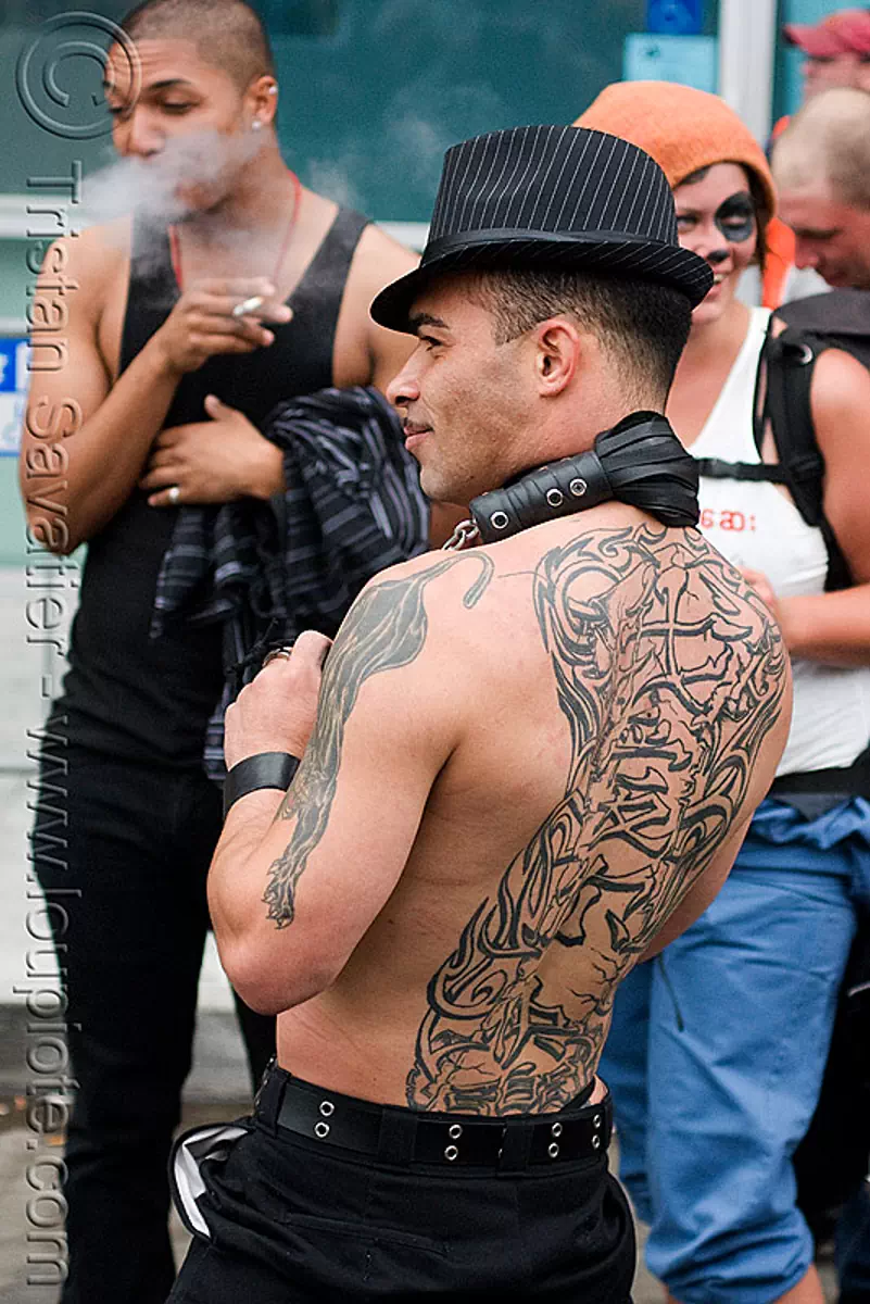 chinese back tattoo, backpiece, dore alley fair, fedora hat, tattooed, stock photo
