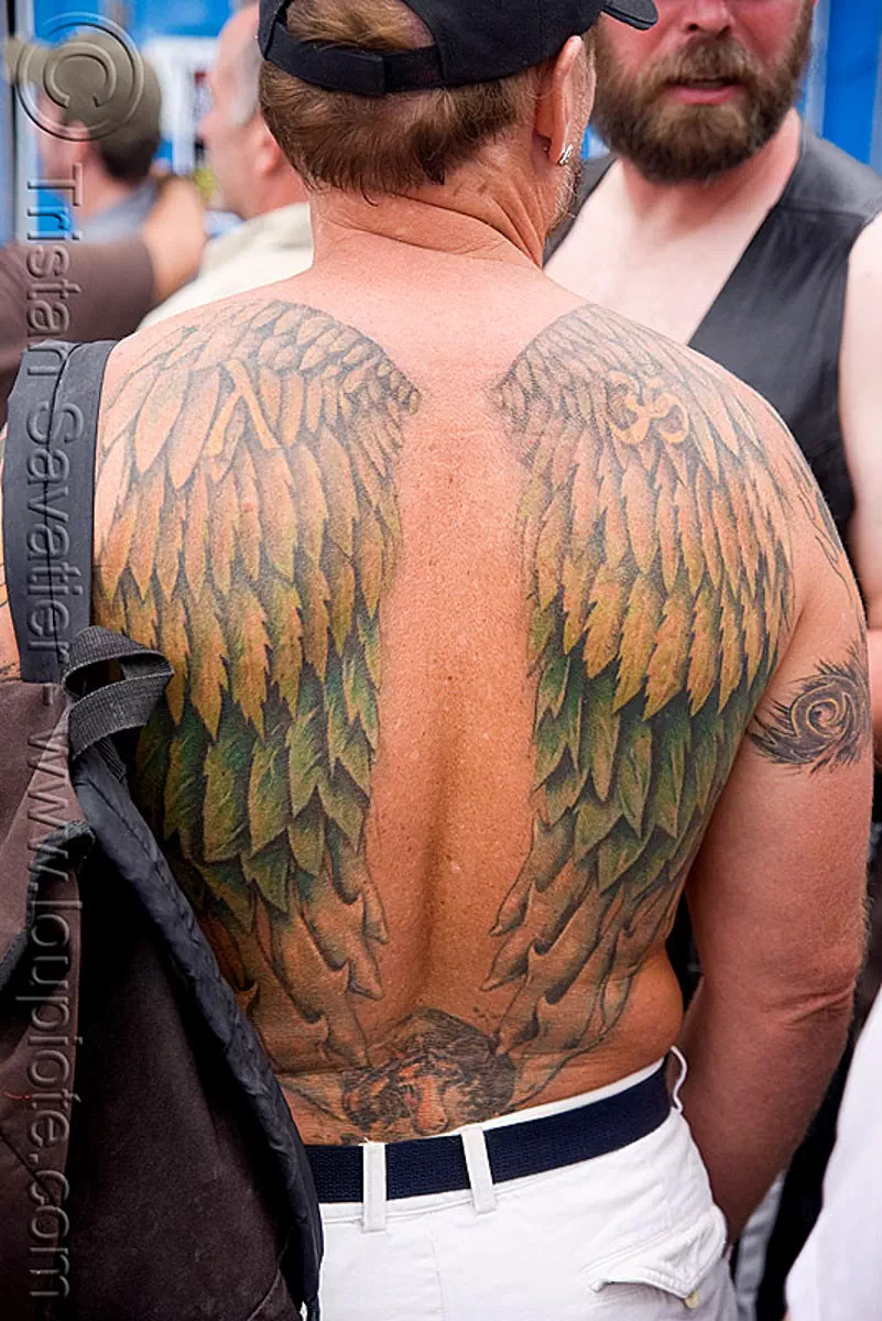 angel tattoo, angel wings tattoo, backpiece, dolphins tattoo, dore alley fair, man, tattooed, xandy, stock photo