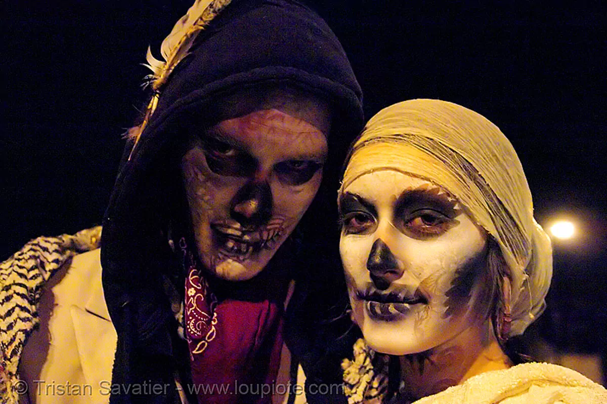 skull makeup - airbrush stencil face paint - dia de los muertos - halloween (san francisco), costumes, day of the dead, face painting, facepaint, night, sugar skull makeup, the mission, stock photo
