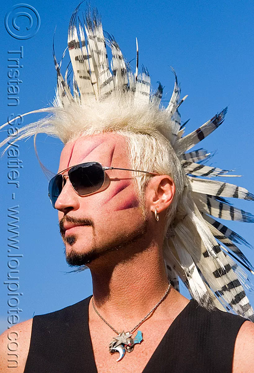 feather-like mohawk - folsom street fair 2008 (san francisco), andrew marlin, hair extensions, man, mohawk hair, sunglasses, white, stock photo