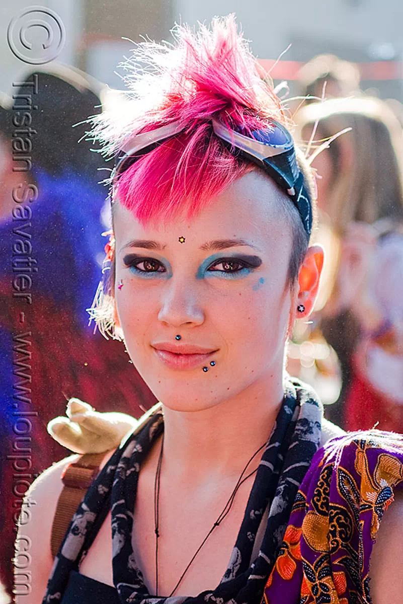 girl with pink mohawk - draya (san francisco), backlight, blue, goggles, makeup, mohawk hair, piercing, pink hair