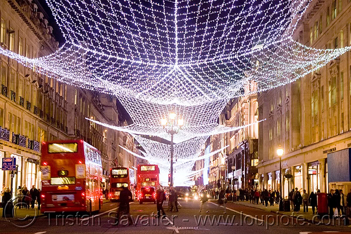 london christmas street lights - decorations - red double-decker buses, bristol vr, british bus, christmas decorations, christmas lights, double decker bus, london bus, night