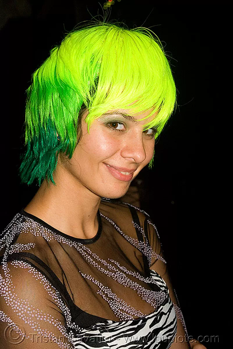 green hair, ghostship 2008, halloween, neon green, neon yellow, rave party, space cowboys, wig, stock photo