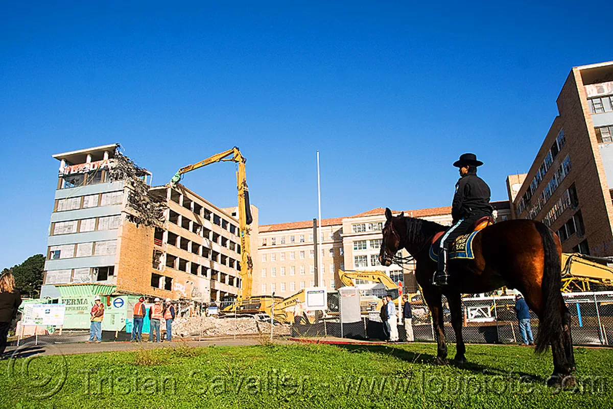 presidio park police officer irma and her horse - mounted police - building demolition - PHSH - abandoned hospital (presidio, san francisco), abandoned building, presidio hospital, presidio landmark apartments, uniform, us park police