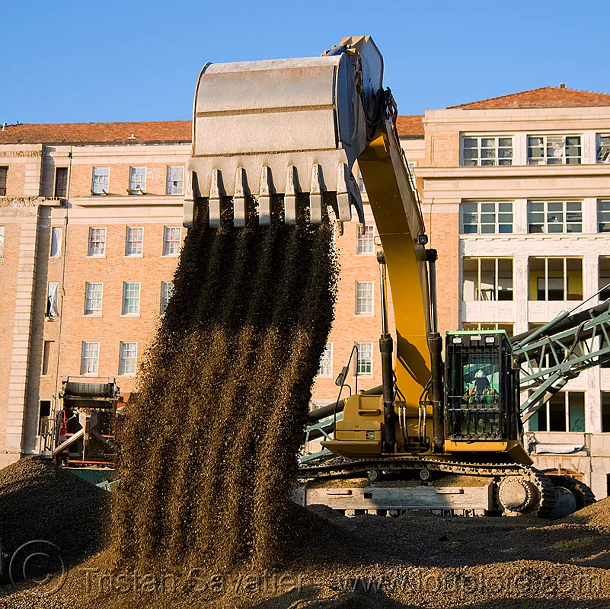 caterpillar 330D excavator, abandoned building, abandoned hospital, bucket attachment, building demolition, cat 330d, caterpillar excavator, excavator bucket, gravel, heavy equipment, hydraulic, machinery, presidio hospital, presidio landmark apartments, stock photo
