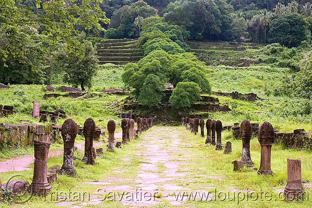 central alley - wat phu champasak (laos), khmer temple, main alley, ruins, terraces