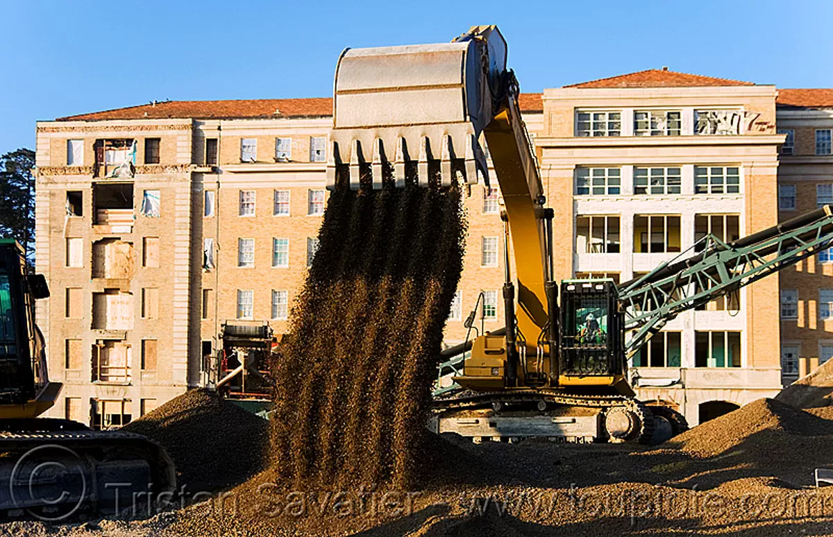 caterpillar 330D excavator - moving gravel, abandoned building, abandoned hospital, bucket attachment, building demolition, cat 330d, caterpillar excavator, excavator bucket, heavy equipment, hydraulic, machinery, presidio hospital, presidio landmark apartments, stock photo