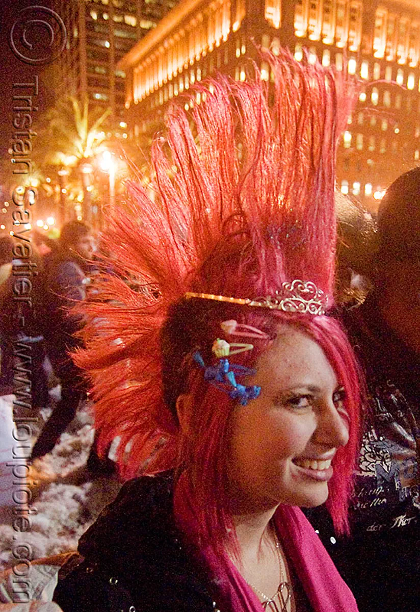 girl with pink mohawk hair - the great san francisco pillow fight 2009, down feathers, night, pillow fight club, pillows, pink hair, world pillow fight day, stock photo