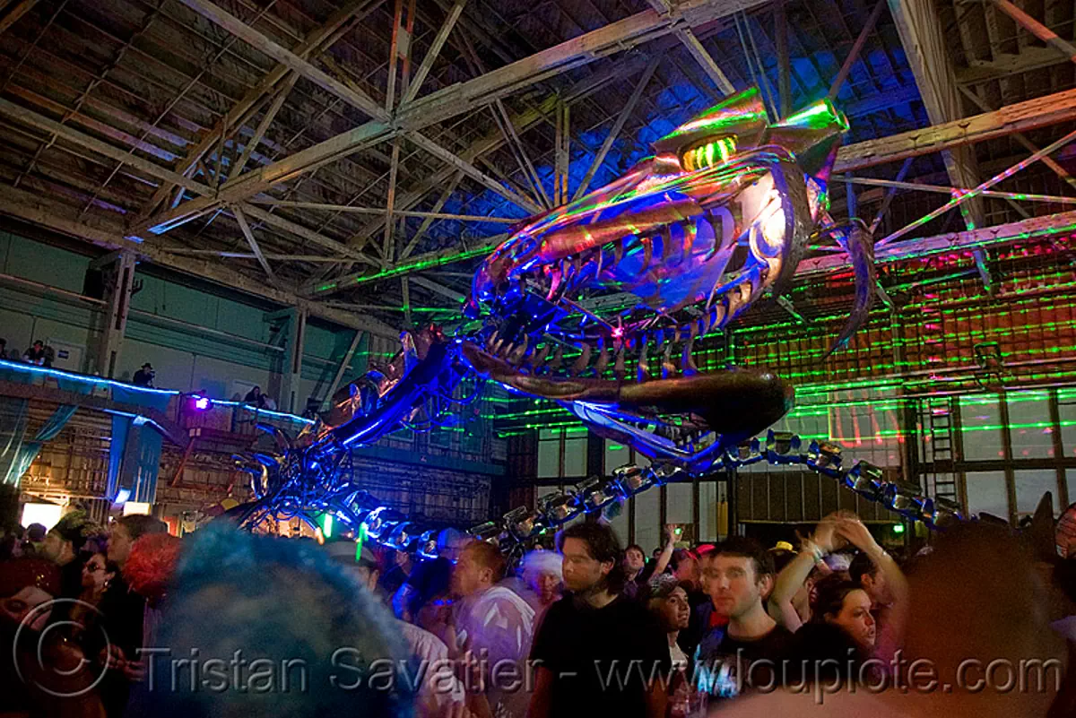 giant snake skeleton animated sculpture, opulent temple massive rave