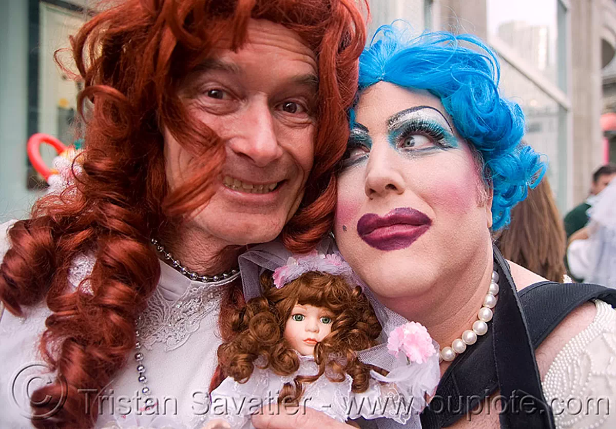 danger ranger aka michele michele and maximum mitch - brides of march (san francisco), blue hair, blue wig, doll, festival, m2, man, michael michael, michael mikel, redhead wig, wedding, white, stock photo
