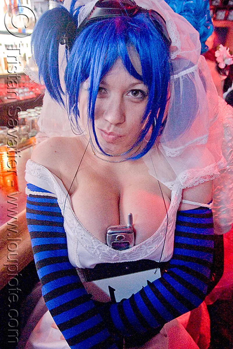 great advertising for LG cellphones - akatrielle - brides of march (san francisco), blue hair, breasts, cleavage, festival, lg cellphone, phone, wedding, white, stock photo