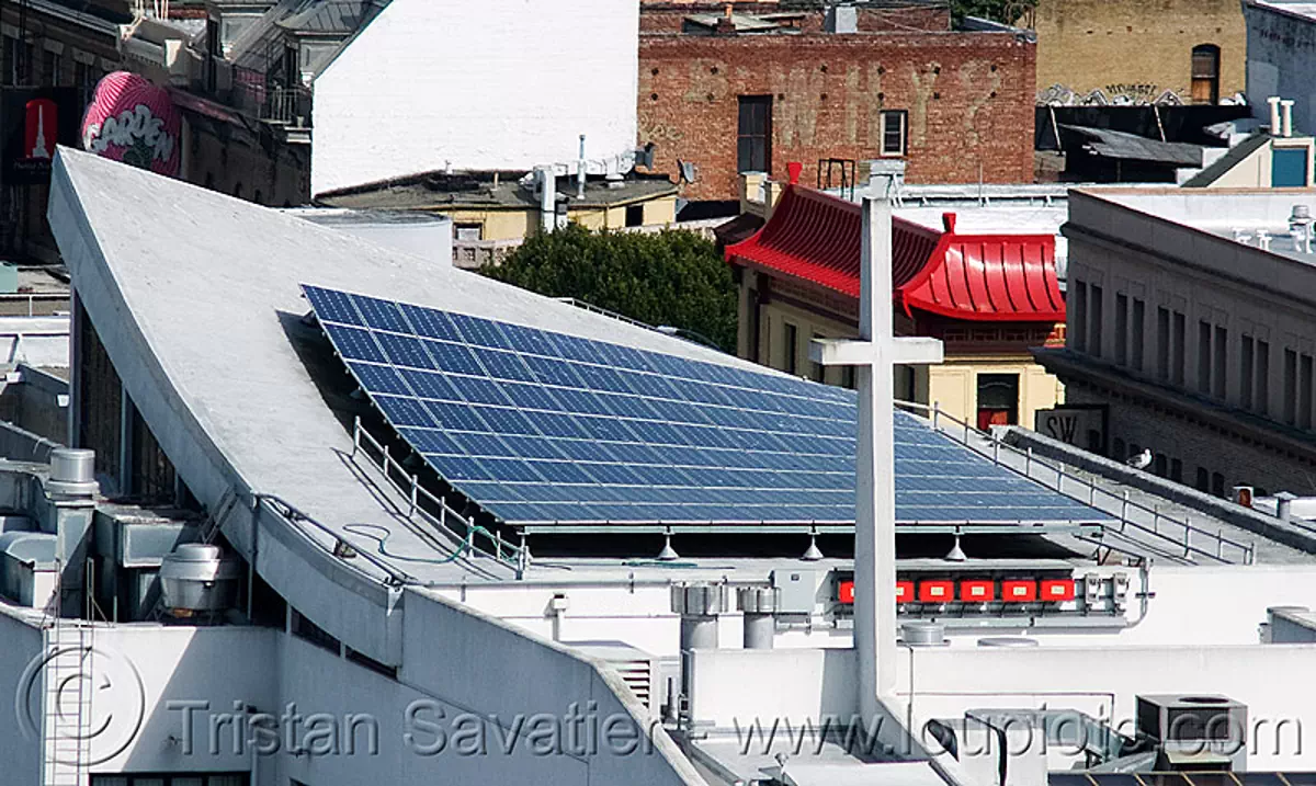 solar panels on roof (san francisco), cross, curved roof, photovoltaic array, rooftop, solar array, stock photo