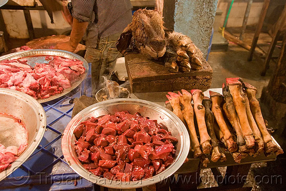 meat shop - goat meat - butcher - delhi (india), chevon, halal, meat market, mutton, raw meat, stock photo