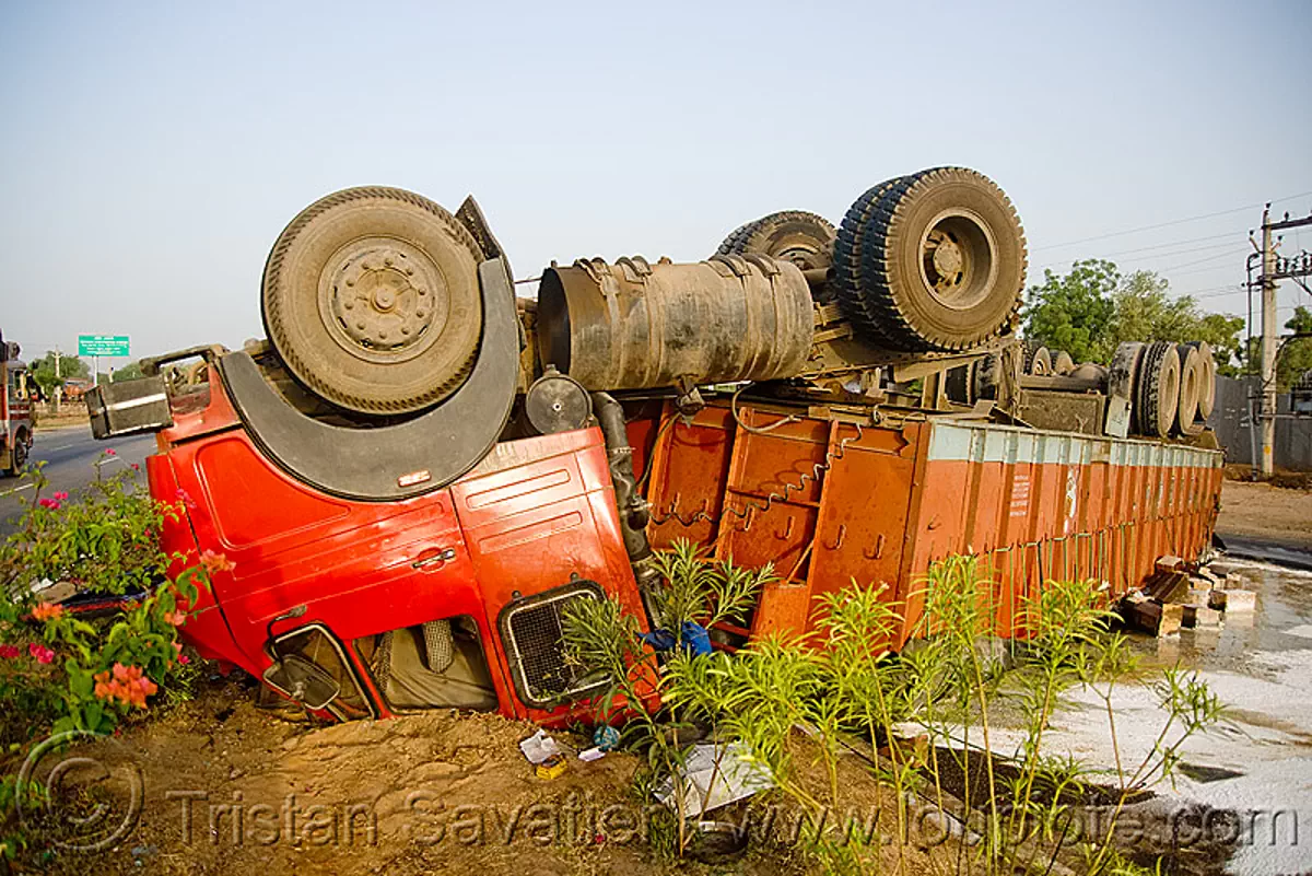 overturned semi truck - truck accident - (india), artic, articulated lorry, big rig, crash, overturned truck, road, semi-trailer, tata motors, tractor trailer, traffic accident, up side down, wreck
