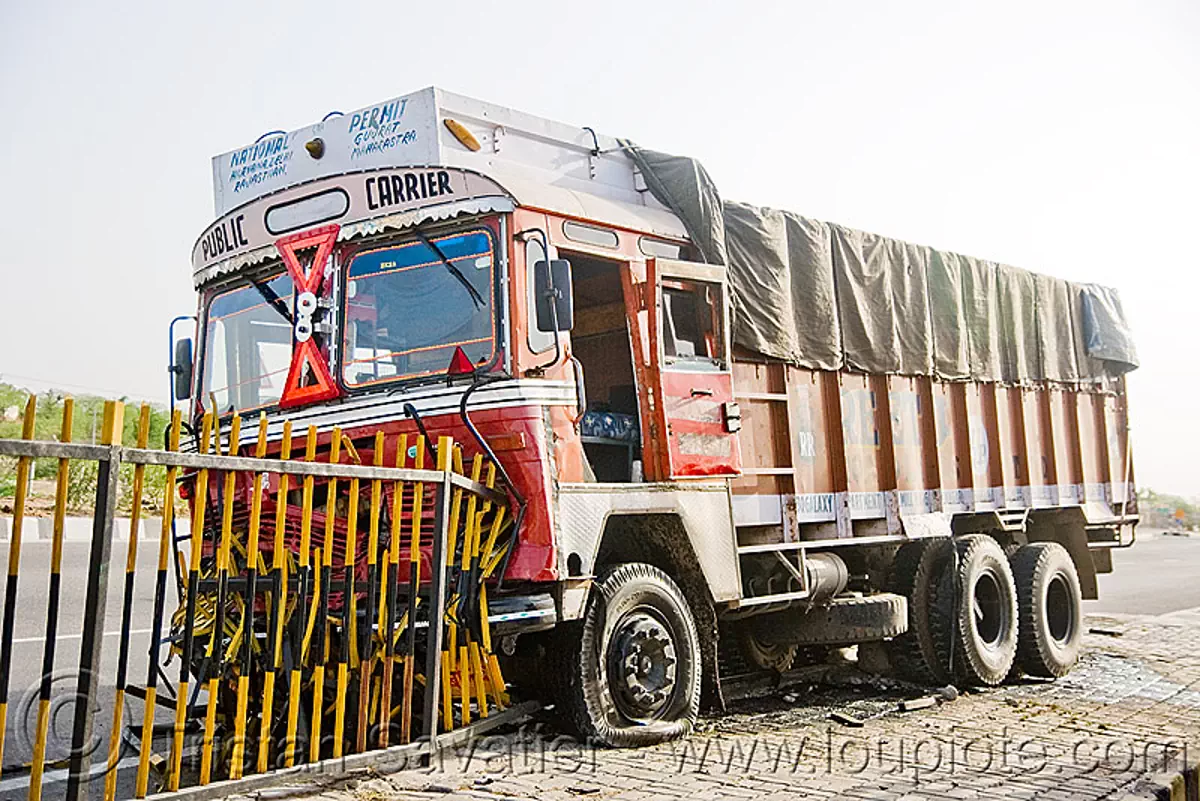 truck accident (india), crash, lorry, road, tata motors, traffic accident, wreck, stock photo