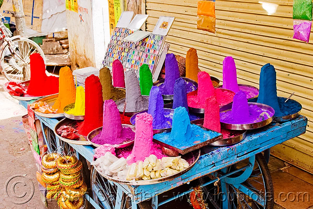color pigments, cart, coloring, die, dyes, powder, pushkar, stall, street market, stock photo