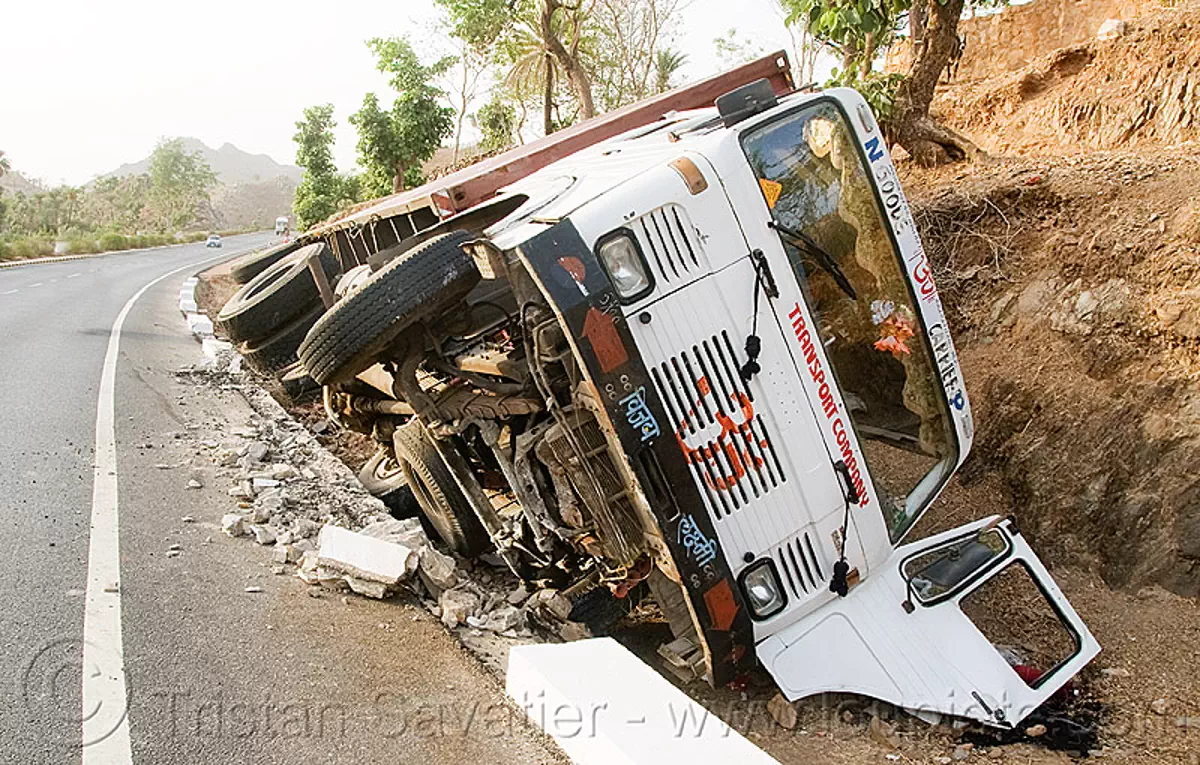 overturned truck (india), crash, lorry, road, tata motors, traffic accident, truck accident, wreck, stock photo