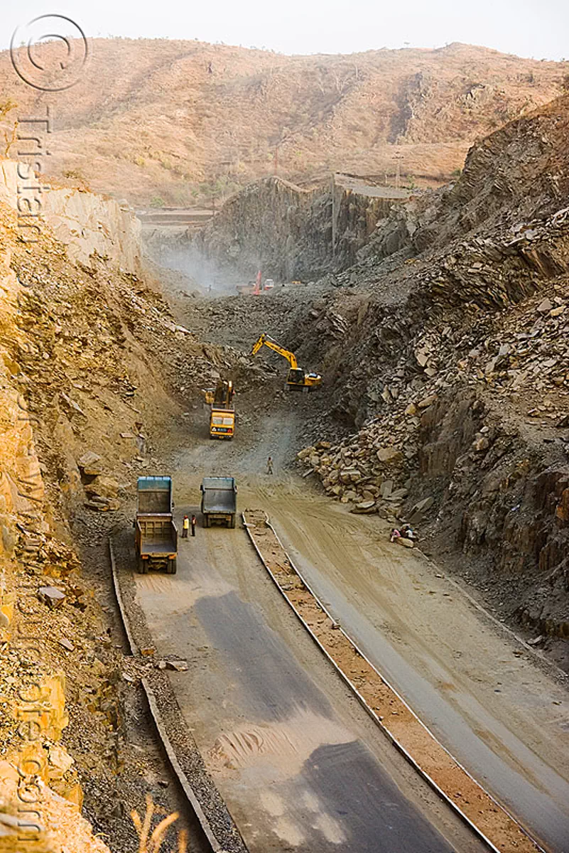 the end of the road - freeway construction near udaipur (india), excavator, groundworks, heavy equipment, hydraulic, machinery, road construction, roadworks, trucks, stock photo