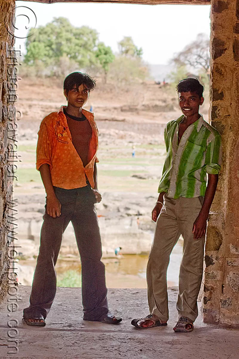 two guys in the palace ruine - mandu (india), doorway, mandav, men, open shirt, standing, striped shirt, stock photo