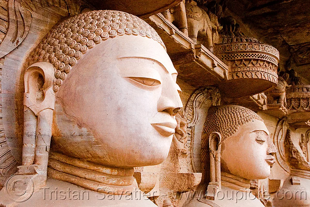 tirthankaras, caves, gwalior, heads, jain temple, jainism, rock-cut, sculptures, statue, temples, stock photo