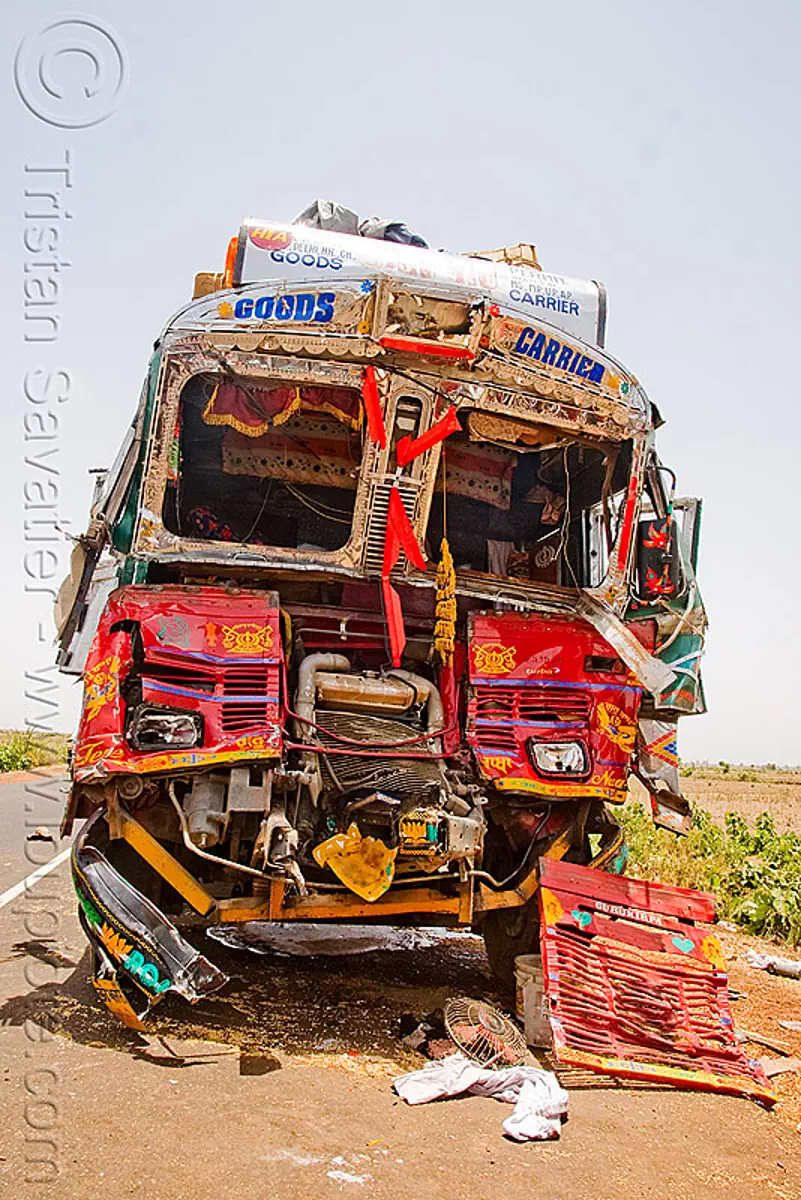 truck accident (india), frontal collision, head-on collision, lorry, road crash, traffic accident, traffic crash, wreck, stock photo